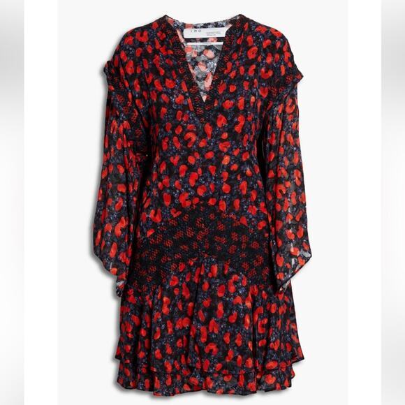 IRO River Smocked Fil Coupe Mini Dress Women's Size 2 Red Blue Silk Blend Print - Picture 16 of 16